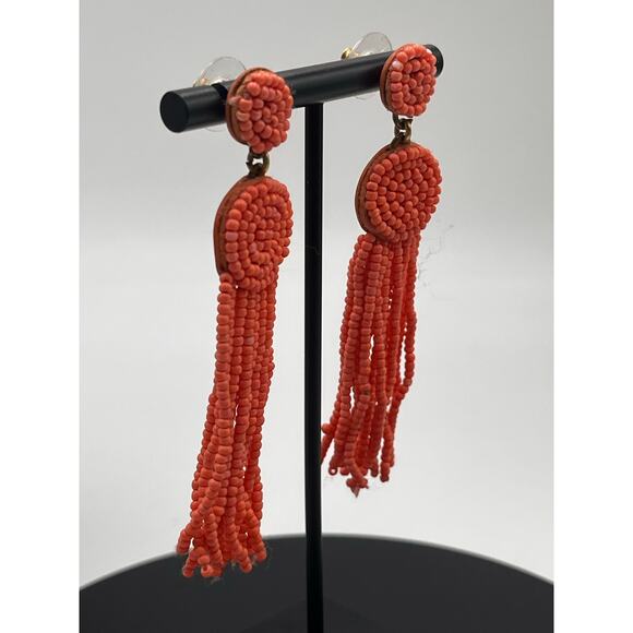 J. Crew Beaded Light Coral Orange Tassel Fringe Long Summer Spring Earrings - Picture 2 of 8